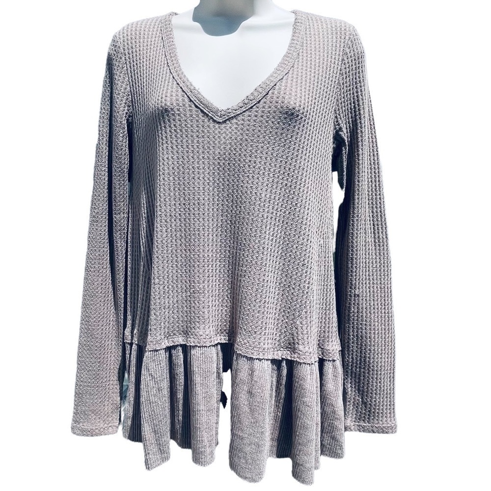 NWT Anthro ERI + ALI Peplum Waffle Knit Thermal Long Sleeve Pullover Ruffle 7028